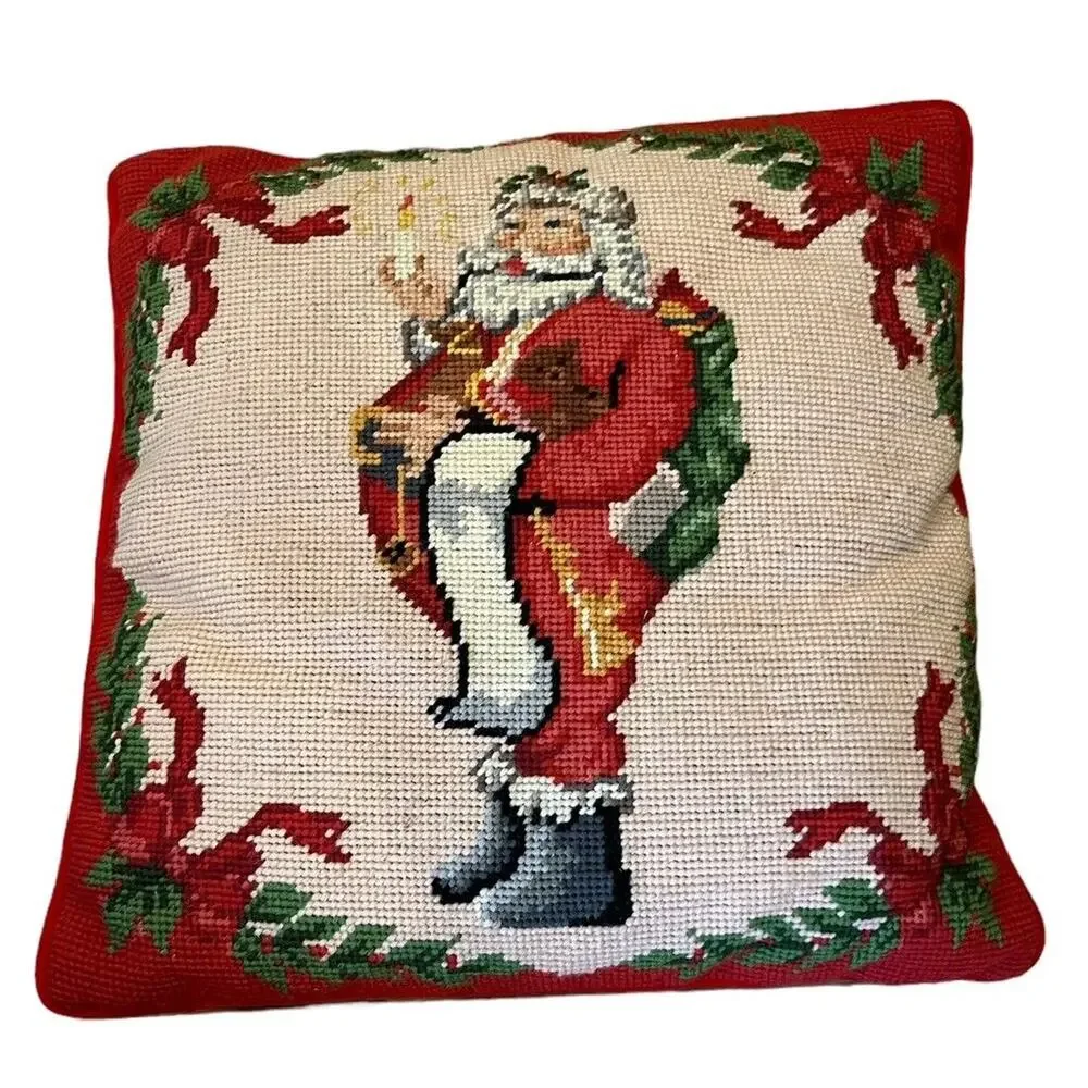 Vtg Steinwinder Enterprises Needlepoint Cross Stitch Pillow Santa's List Holiday